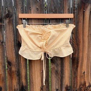 Iris Yellow White Striped Ruffle Strapless Bandeau Tube Top Cottage Summer Small